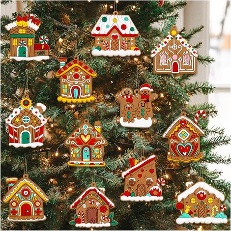 Maison en pain d'épices Décorations de Noël pour Sapin - Lot de 12 Ornements Suspendus en Forme de Chalet pour Arbre de Noël, Décor Festif pour Maison et Fêtes (1/2)