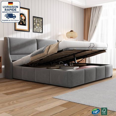 Lit coffre 160x200cm, lit double en velours, sommier à lattes, sans matelas, lit adulte, gris, (1/5)
