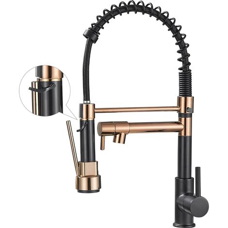 Grifo de cocina con rociador extraíble, mezclador de arco alto para fregadero, negro y oro rosa (1/5)