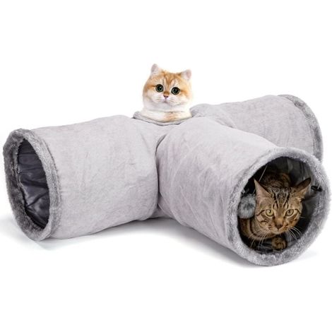 Katzentunnel, 3-fach zusammenklappbarer Tunnel mit 1 Loch und Spielball, T-förmiger Spieltunnel für Katzen, Kaninchen und Meerschweinchen, Grau (1/4)