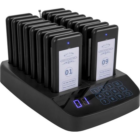 Système de Pagination sans Fil pour Restaurants, 16 Téléavertisseurs, Portée Max 98, Écran Tactile, Vibration, Flash et Sonnerie, Idéal pour Hôtels et Cafés (1/5)