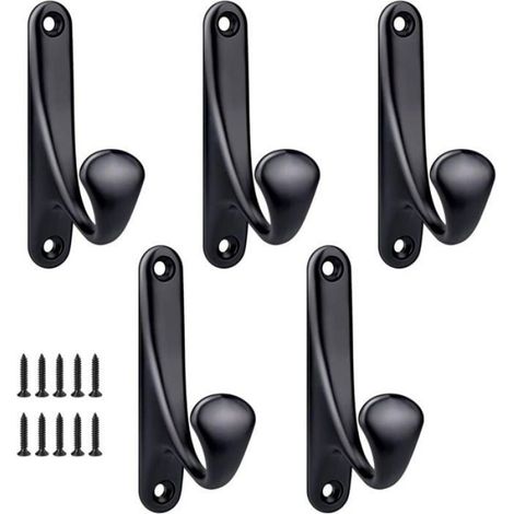 Crochet Manteau Mural - Alliage De Zinc - Noir - Charge Elevée - Pour Entrée Cuisine Chambre - Lot De 5 (1/4)