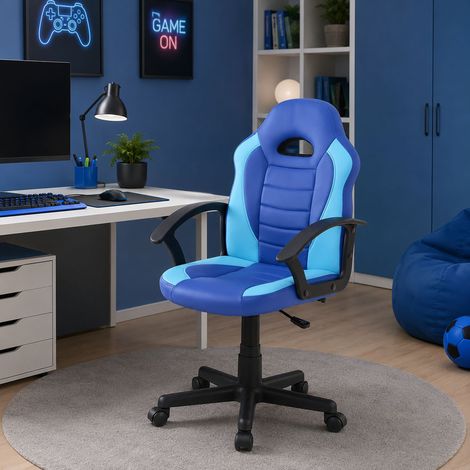 Dmora - Chaise de jeu Dfaraon, Fauteuil de jeu pour enfants, Chaise de bureau, 56x55h89/100 cm, Bleu et Bleu clair (1/4)