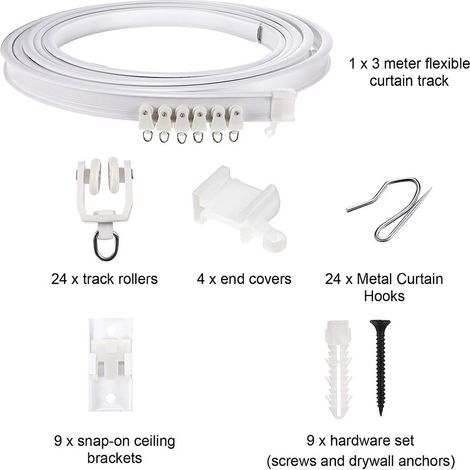 3-meter curved track curtain set, including 24 curtain hooks, 24 casters, 24 mounting brackets, 9 end caps, 4 screws, and 9 rubber plugs. (1/5)