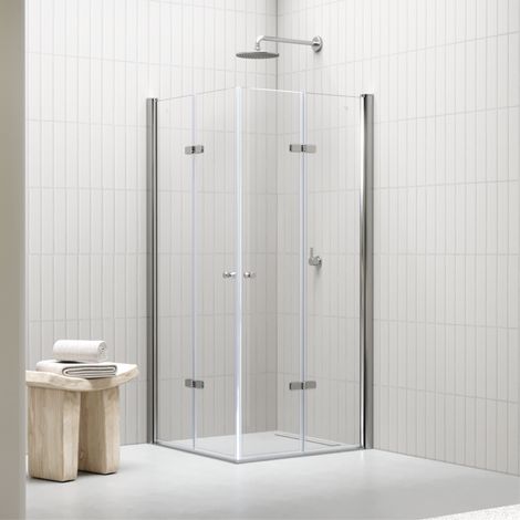 Mampara de Ducha Emma 80x80x190cm, REVERSIBLE, Puertas Plegables, Ajuste 78.5-80.5x78.5-80.5cm, Perfiles Cromados, Cristal Templado Transparente 6mm (1/5)