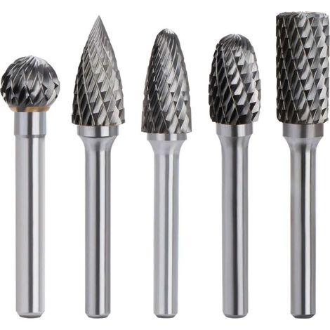 Kit de 5pcs Fraises Rotatives en Carbure de Tungstène Double Coupe Tige 6mm Tête 10mm Outil Dremel Perceuse Ponceuse Electrique Pour la sculpture sur métal, le polissage, la gravure (1/4)