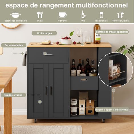 Carrello da cucina 102x46×92 cm mobile con piano di lavoro in legno e 3 portaspezie Moderno - MDF - nero