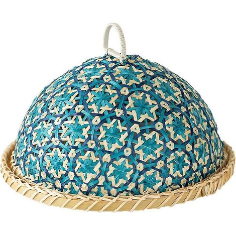 Panier à fruits en rotin tressé à la main, corbeille à pain, couvercle rond anti-insectes, nappe, couvercle pour restes de fruits et riz, bleu (1/5)