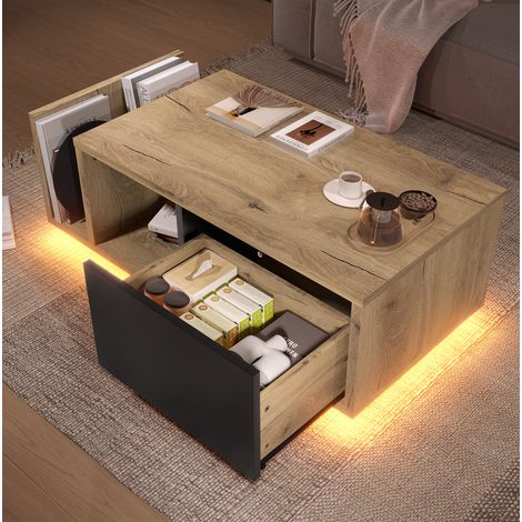 Couchtisch 99,5x53x38 cm Natur, LED-Aufbewahrung, Holzwerkstoff und Metall MEUBLIV (1/5)