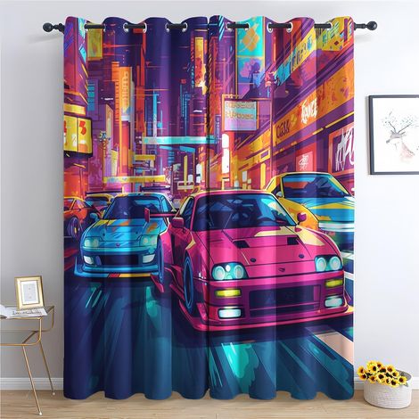Rideau Voiture de Sport - Rideau Occultant Thermiques JDM Néon Paysage Urbain, Lot de 2 Rideaux à Oeillets pour Decoration Chambre Salon, Draperies Intérieurs Fenetre, 140x160 cm (LxH) - 2x L 140 X H (1/5)
