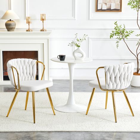 Set di 2 sedie da pranzo imbottite 47x43x76 cm con schienale intrecciato in velluto e gambe in metallo dorato, ideali per cucina, sala da pranzo e soggiorno, colore bianco (1/5)