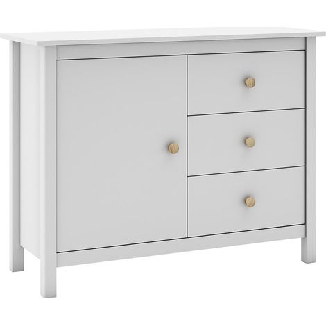 DAVA - Meuble de Rangement 1 Porte 3 Tiroirs en Pin Massif Blanc (1/5)