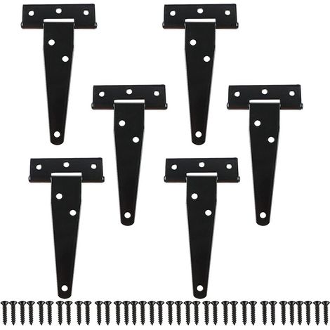 Lot de 6 charnières en métal noir pour porte de grange en forme de T avec vis - 10 cm (1/4)