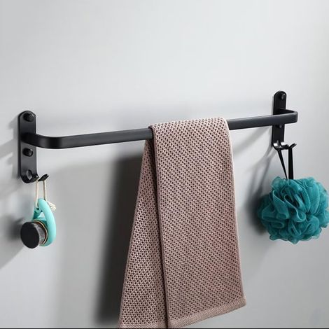 1 Porte-Serviettes Mural Aluminium, 2 Crochets, Noir, 80cm, Pour Salle de Bain et Cuisine