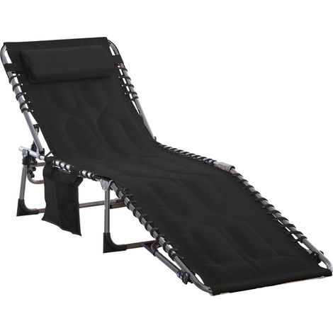 Transat pliable, chaise longue avec coussin, dossier inclinable à 5 positions, acier et tissu Oxford, noir, 188 x 57 x 30 cm pour jardin et terrasse
