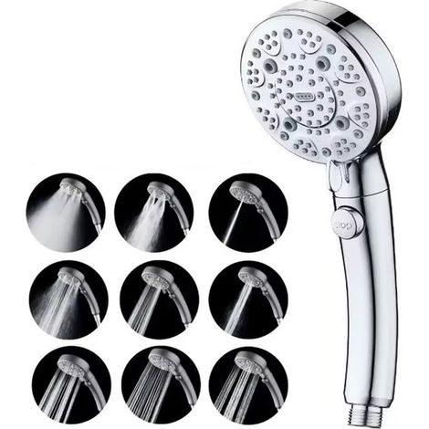 Pommeau de douche à main pressurisé 9 modes pulvérisation - Fonctions pluie massage et économie d'eau-Tête unique-argentée (1/4)