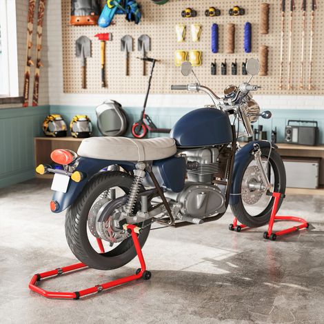 Béquille Moto. Capacité 390 kg. Support Avant et Arrière Réglable avec Fourches U+L. Clips de Serrage. 43x36x64cm. Rouge
