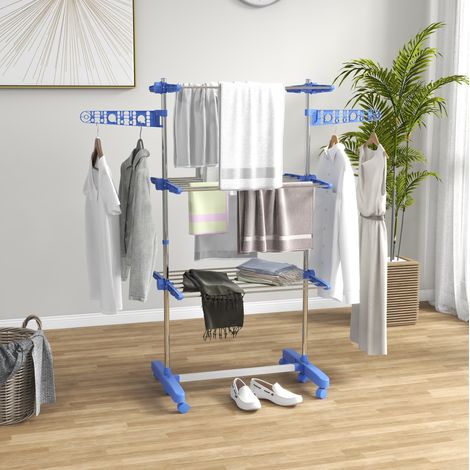 Stendibiancheria mobile in acciaio blu pieghevole con 6 ruote e barra laterale regolabile, adatto per interni, 142 x 55 x 152 cm (1/5)