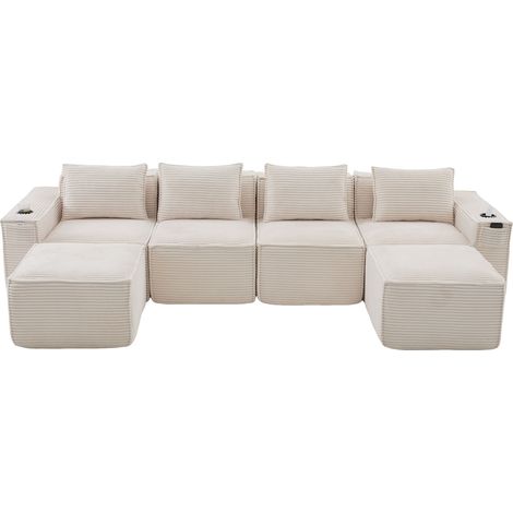 Canapé modulaire 4 places en velours côtelé avec 2 poufs, porte-gobelets et poches latérales, rembourrage en mousse haute densité et ressorts (1/5)