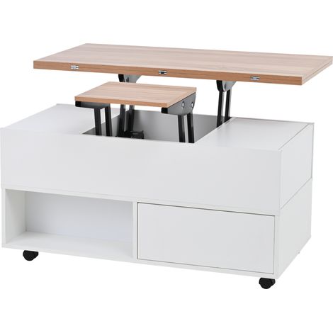 GagaTable basse relevable à roulettes 100x50x52 cm, blanc bois (1/5)