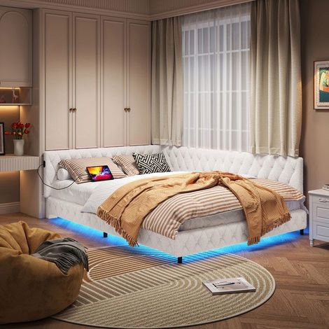 Bettgestell 140x200 Velours Beige mit 360° LED und USB-Anschluss, Lattenrost und Kopfteil - zeitgenössisch