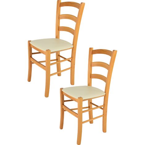 Tommychairs - Set 2 chaises VENICE pour cuisine, bar et salle Ã  manger, robuste structure en bois de hÃªtre peindrÃ© en couleur miel et assise rembourrÃ©e et revÃªtue en cuir artificiel couleur ivoir (1/5)