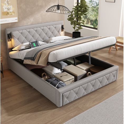 Lit coffre 160x200 cm avec downlight, port USB, tête de lit à motifs losanges, en lin gris, sans matelas (1/5)