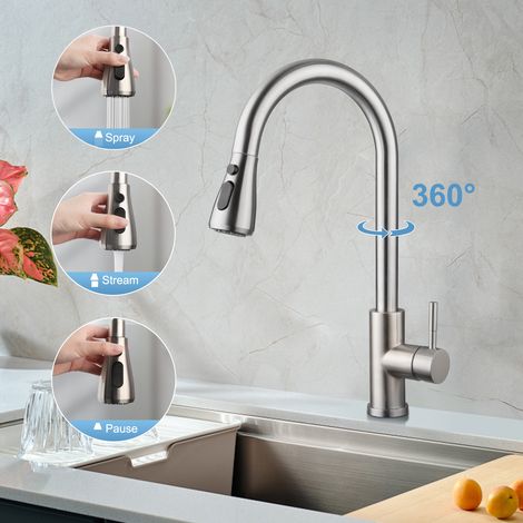 Robinet cuisine extractible avec douchette, mitigeur évier 3 fonctions, bec haut pivotant 360°, robinet haute pression en acier inoxydable, mélangeur monocommande (1/5)