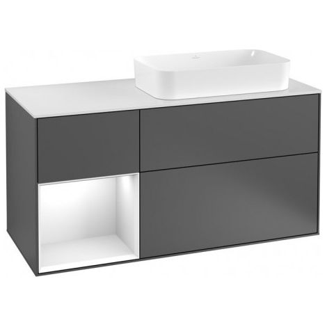 Finion, Meubles sous lavabo, 1200 x 603 x 501 mm, Angulaire,avec meuble étagère (éclairé), modèle suspendu, En bois, lavabo à droite, éclairage LED, 1x LED / 2,3W, 2x LED / 4,2W, 2700 K à 6480 K, Blac