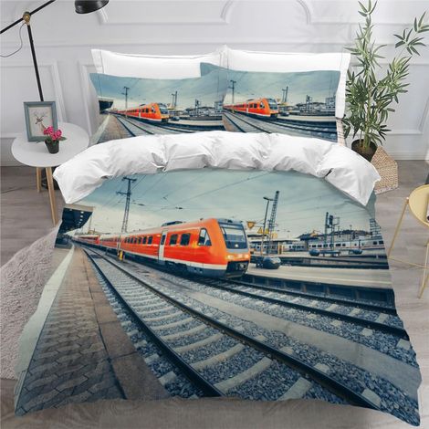 Parure de lit 3 pièces pour enfant 135 x 200 cm - Effet 3D - En microfibre - Avec fermeture éclair - Motif train express - Pour garçon et fille - Housse de couette douce - Multicolore - Moderne (1/5)