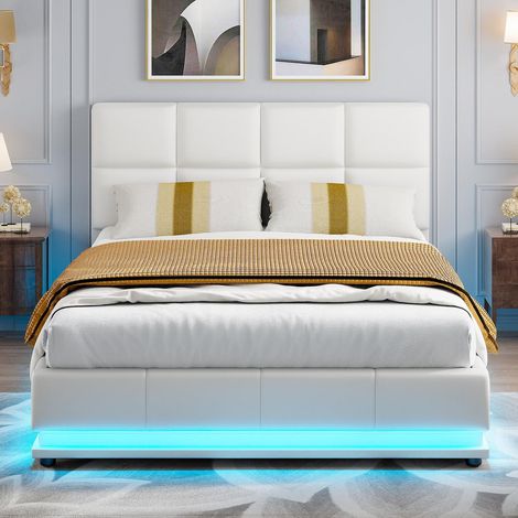 Letto contenitore 140x190 cm con testiera regolabile e illuminazione LED integrata Moderno - similpelle - bianco