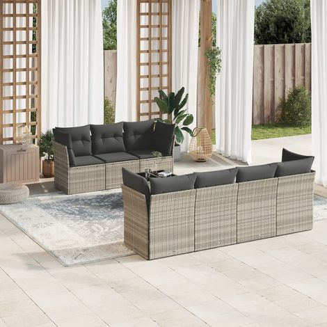 Canapé d'extérieur modulaire 8 places gris clair résine tressée avec coussins lavables et table en verre (1/3)