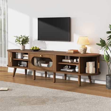 Meuble TV 170 x 40 x 43 cm Noyer, Lowboard avec 2 Stores Enroulants et 1 Tiroir Façade Acrylique, 8 Pieds en Bois Massif, pour Téléviseur jusqu'à 70 Pouces, Salon (1/5)