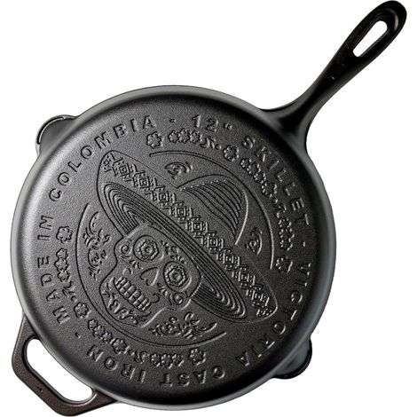 Victoria Calaca Sartén Hierro Fundido Curado Diseño Calaca Inducción 30cm Apta Fuego, Horno Cast Iron Skillet  Negro