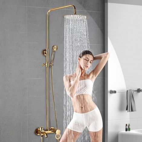 Gold shower system set, shower faucet, shower set, stainless steel hand shower, rain shower, wall-mounted, height-adjustable bathroom faucet, rain shower hand shower head, 20cm