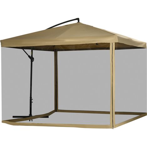 Parasol jardin déporté beige 3 x 3 m – Ouverture manivelle et moustiquaire – Protection solaire totale