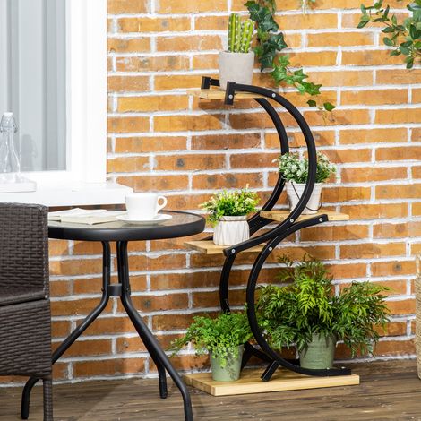Portavasi Outsunny con 4 ripiani, in legno massello, resistente agli agenti atmosferici, 46 cm x 25 cm x 91 cm, nero + naturale