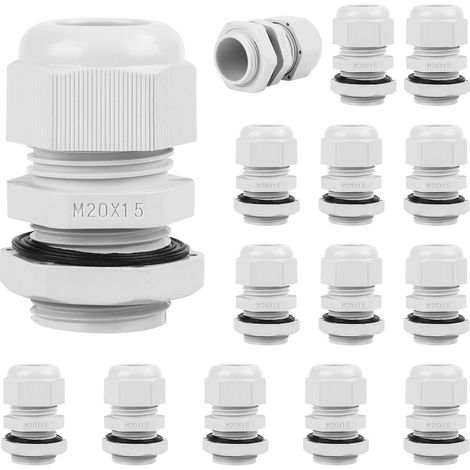 Lot de 15 presse-étoupes M20, IP68, étanche, gris, réglables, pour extérieur, jardin, boîte de dérivation (1/5)