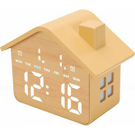 Reloj despertador LED pequeño con forma de casa, reloj despertador digital con luz nocturna, linda mesita de noche para dormitorio, mesa o sala de estar (amarillo) (1/5)