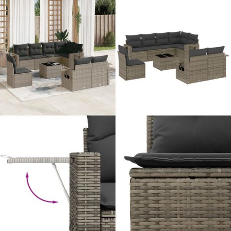 Set Divano da Giardino 9 pz con Cuscini Grigio in Polyrattan - Seduta da esterno - Cuscini da giardino
