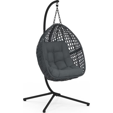 Idmarket – Fauteuil suspendu ajouré en résine tressée avec coussin gris – Socle en acier noir – Dimensions 100x105x200 cm – Poids max 100 kg