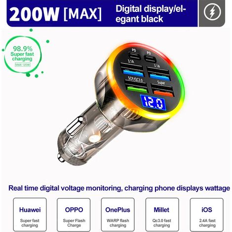 Chargeur de voiture 200 W QC3.0 Type-C à charge rapide, coque transparente PD pour iPhone 15, 14, 13 et 12, Xiaomi Poco et Samsung. Chargeur rapide. (1/5)