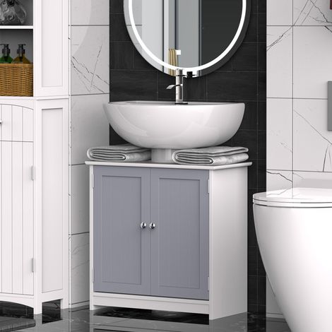 Mobiletto sottolavabo Kleankin - Armadietto a 2 ante con ripiano - Dimensioni: 60L x 30P x 60A cm - Legno grigio/bianco