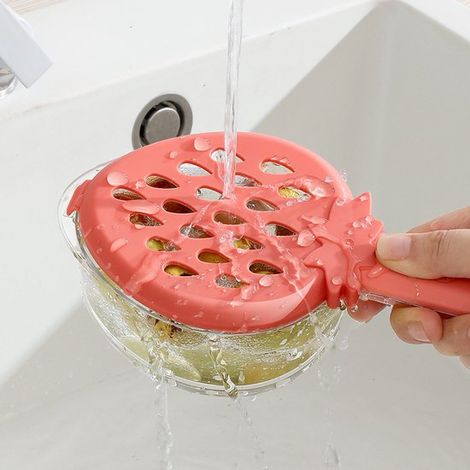 2 recipientes escurridores de frutas,cesta de drenaje multifuncional,Cesta de drenaje con tapa y asa,colador para verduras y pasta (rojo,blanco) (1/5)