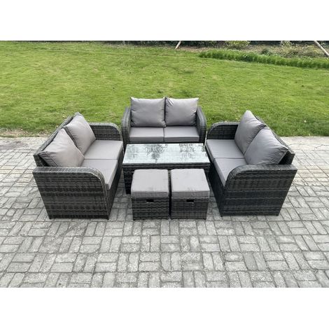 Fimous Outdoor Garden Furniture Sets 6 Pieces Wicker Rattan Furniture Sofa Sets with Rectangular Coffee Table Love seat Sofa 2 Small Footstools (1/5)