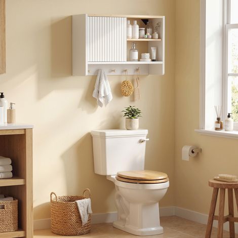 Badezimmer-Wandschrank, Badezimmer-Aufbewahrungseinheit mit Tür, offenen Regalen und 5 Haken
