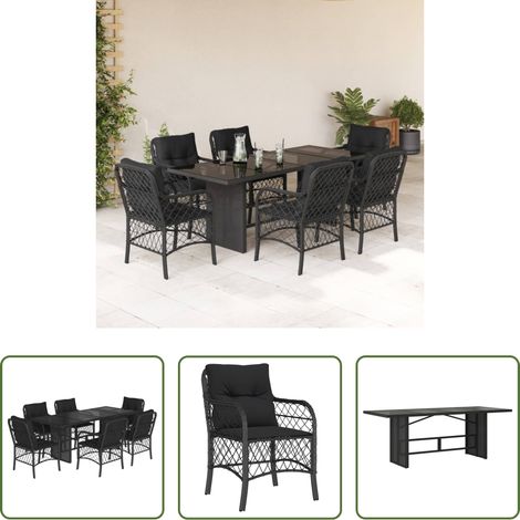 vidaXL Gartenstuhl -  7-tlg. Garten-Essgruppe mit Kissen Schwarz Poly Rattan (1/5)