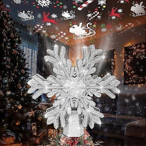 Weihnachtsbaumspitze – Beleuchtete, 3D-rotierende Schneeflocken-Weihnachtsbaumspitze – LED-Hohlprojektor mit Glitzer – Weihnachtsbaumspitze für (1/5)