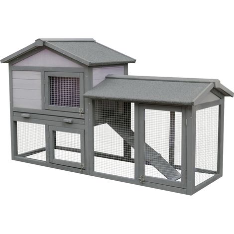 Clapier d'extérieur en bois avec maison, espace ouvert et fermé et toit 147x54x84cm