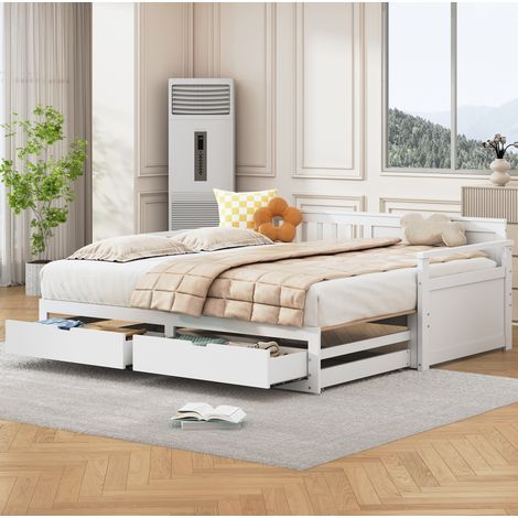 Lit avec tiroirs 90x190 extensible pin blanc HAVRYA (1/5)